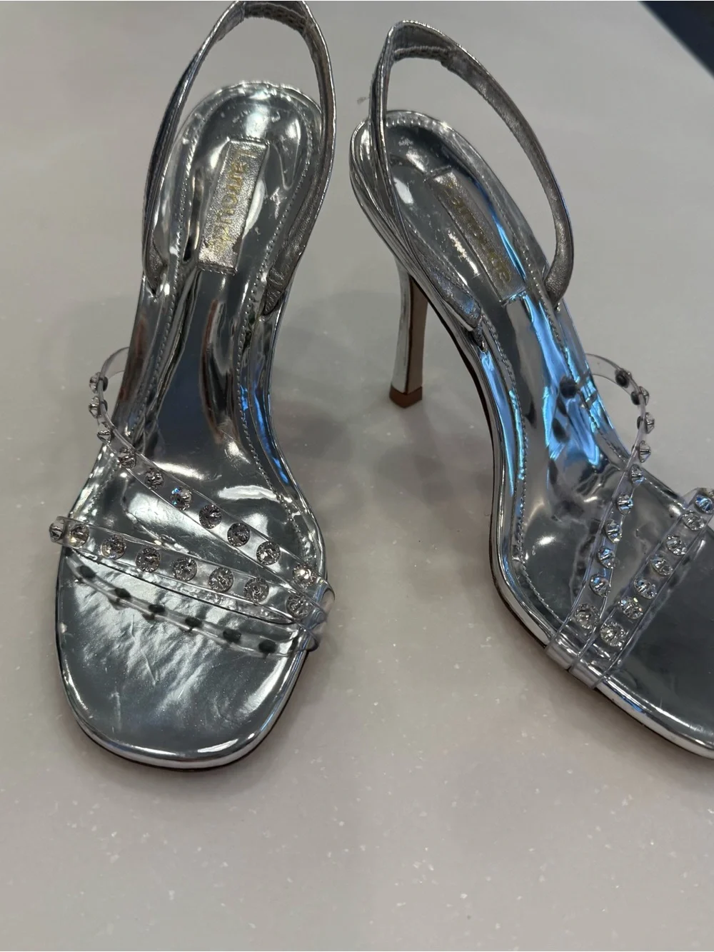 LARROUDE Annie Sandals Silver Swarovski Crystals Slingback Heels Sz 6.5 NEW